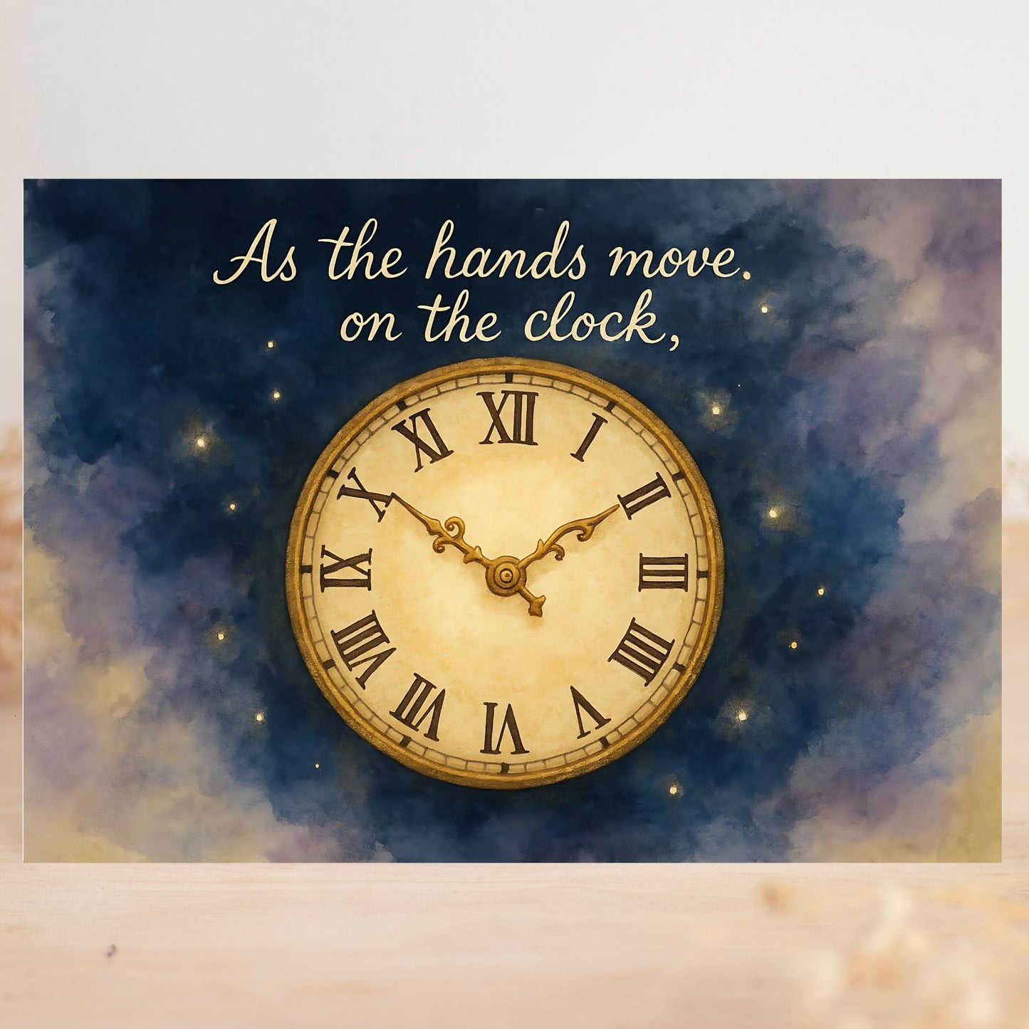 Decorative poster with a vintage clock design and text on a starry night sky background.