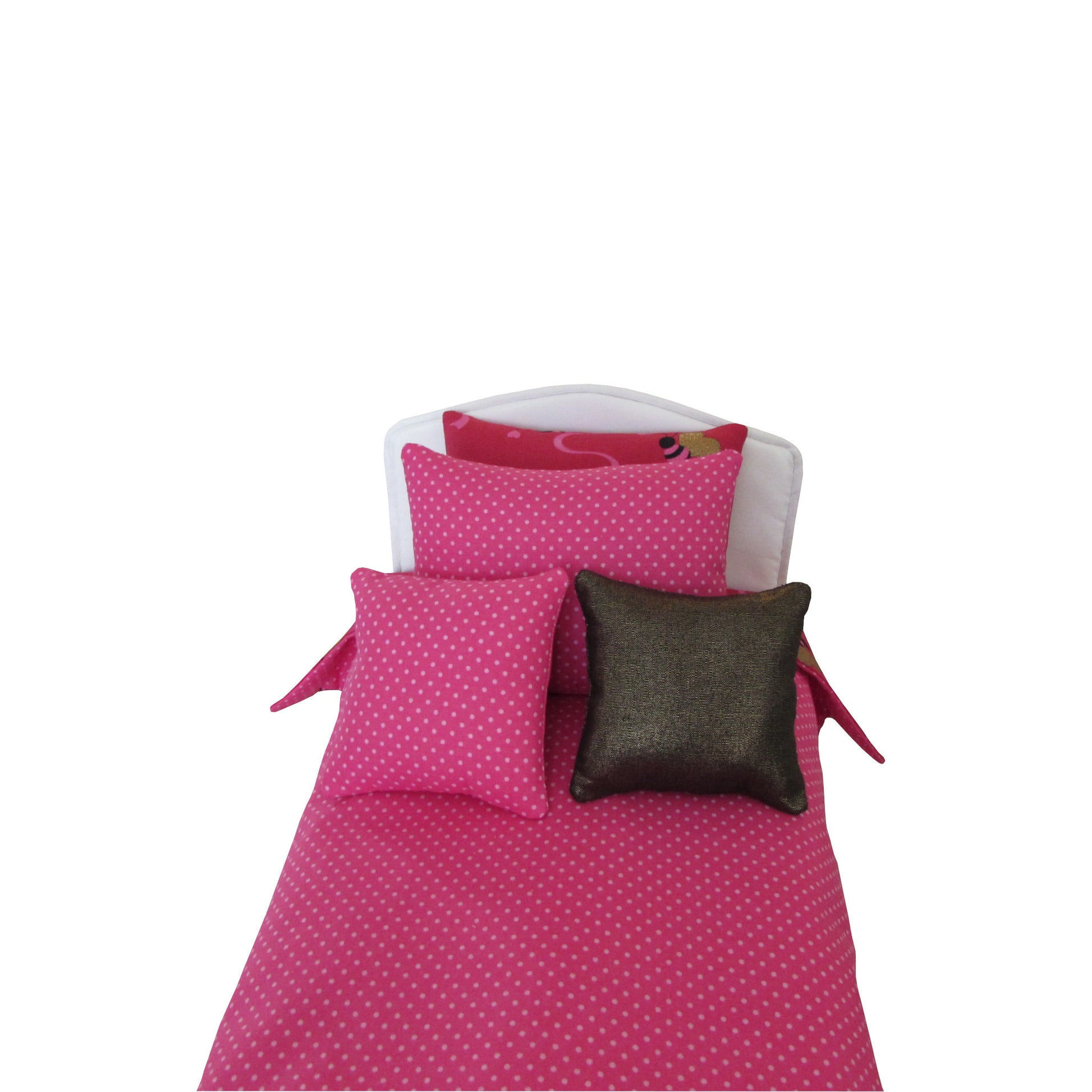 Bees and Hearts Reversible Doll Bedding for 14 1/2 inch dolls Front view - Dots Side Up Close