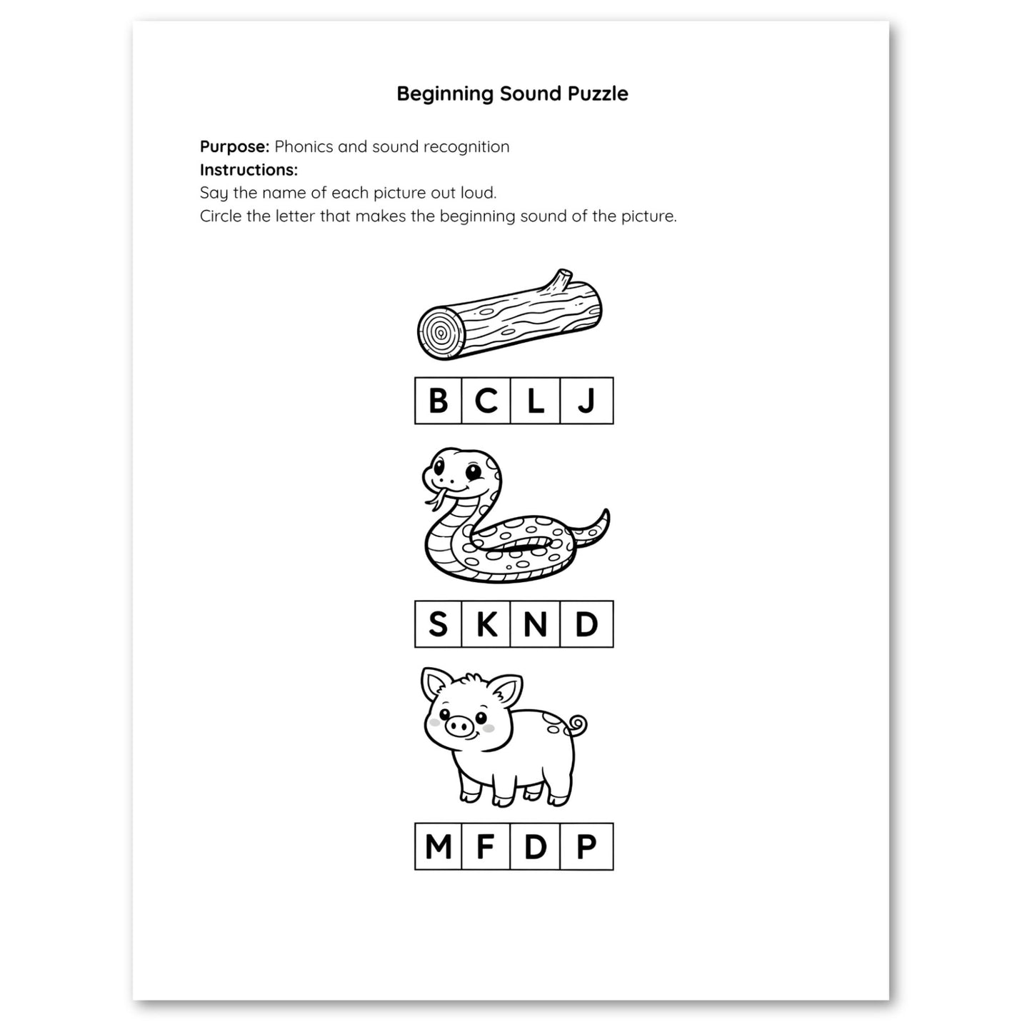 Beginning sound puzzle with animals and letters on a white background