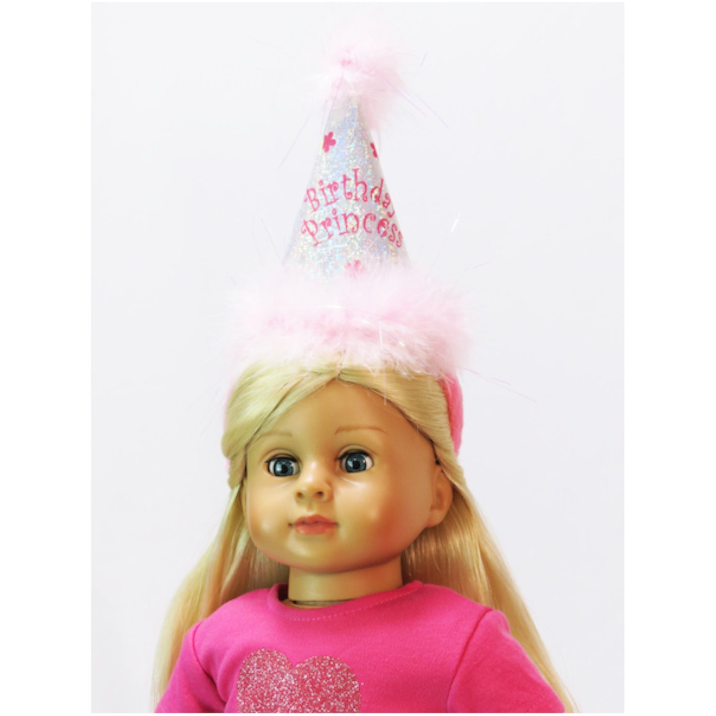 Birthday Party Hat for 18-inch dolls with doll Side view