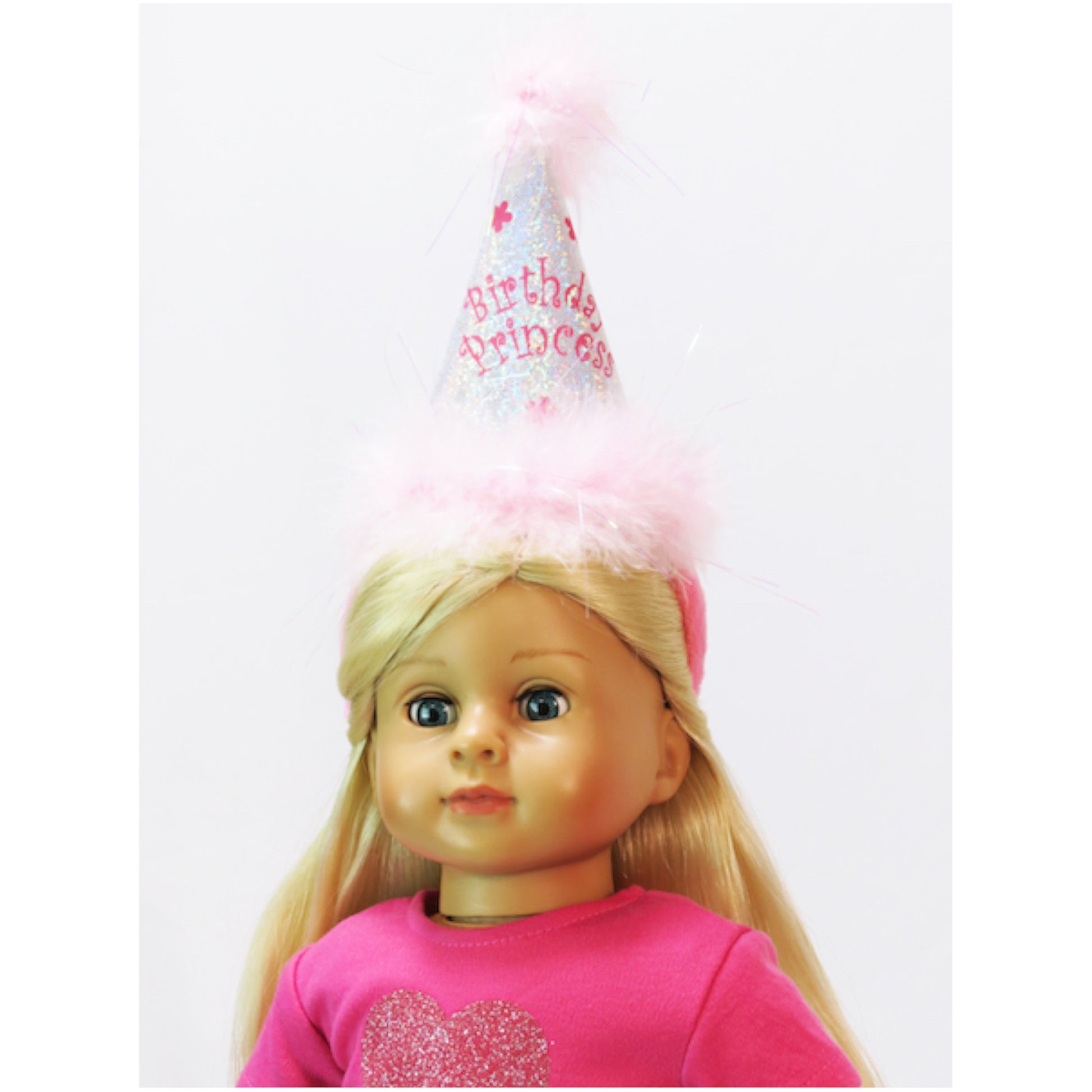 Birthday Party Hat for 18-inch dolls with doll Side view
