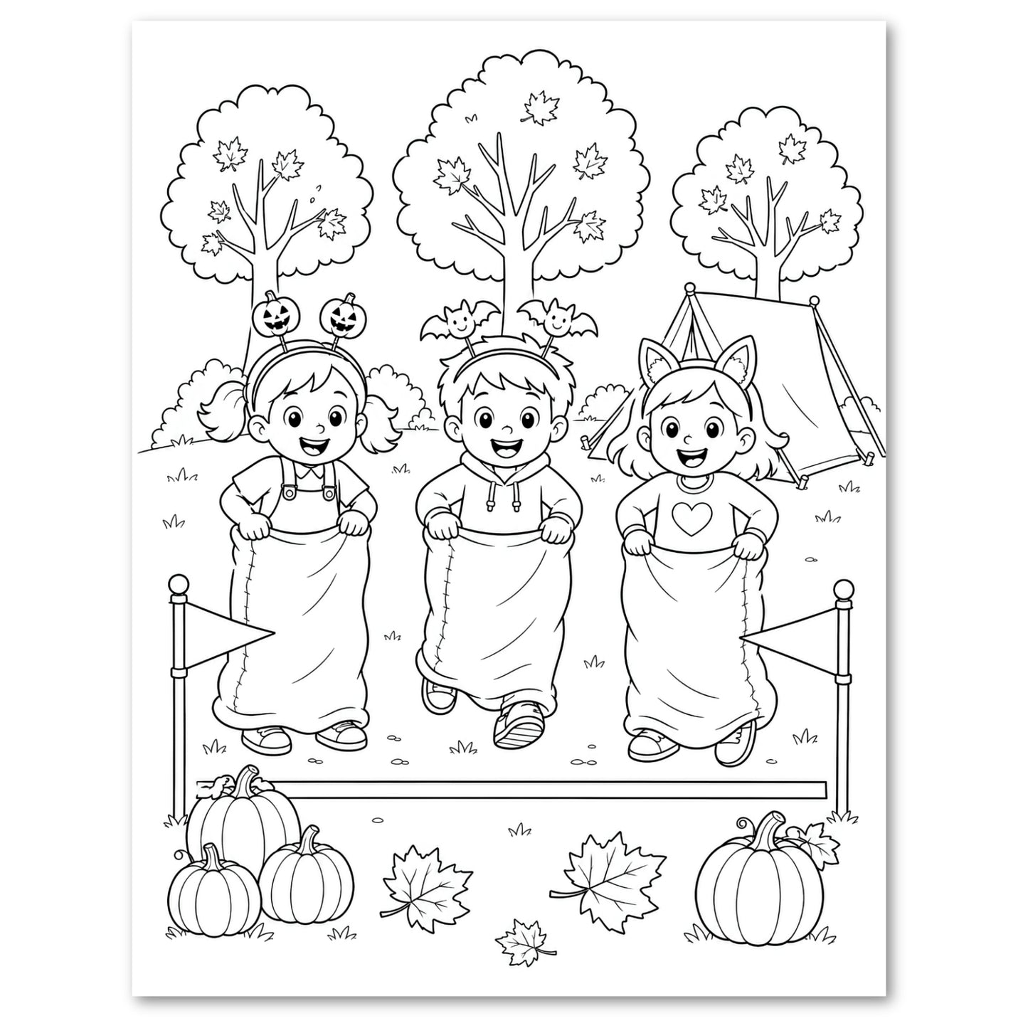 Black and white line art coloring page featuring three children in Halloween costumes jumping over a fence with pumpkins, leaves, and trees in the background.