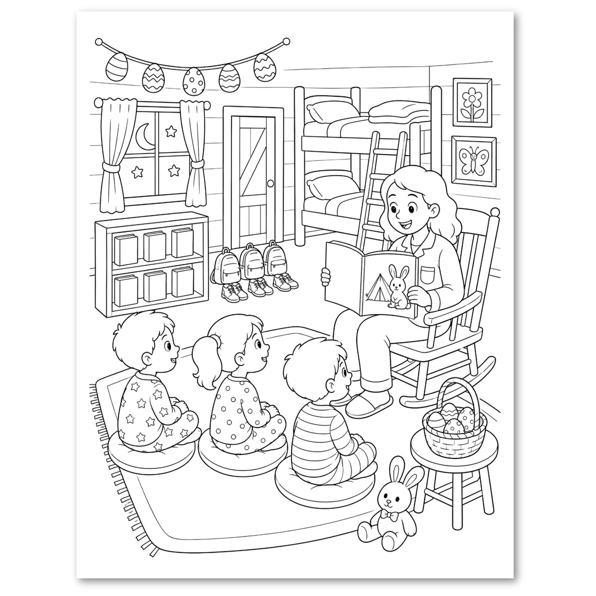 Black and white line art coloring page depicting a cozy Easter-themed children's bedroom scene with three children sitting on cushions in a rocking chair reading a bunny book, a woman sitting in a rocking chair, and Easter eggs hanging in the background.