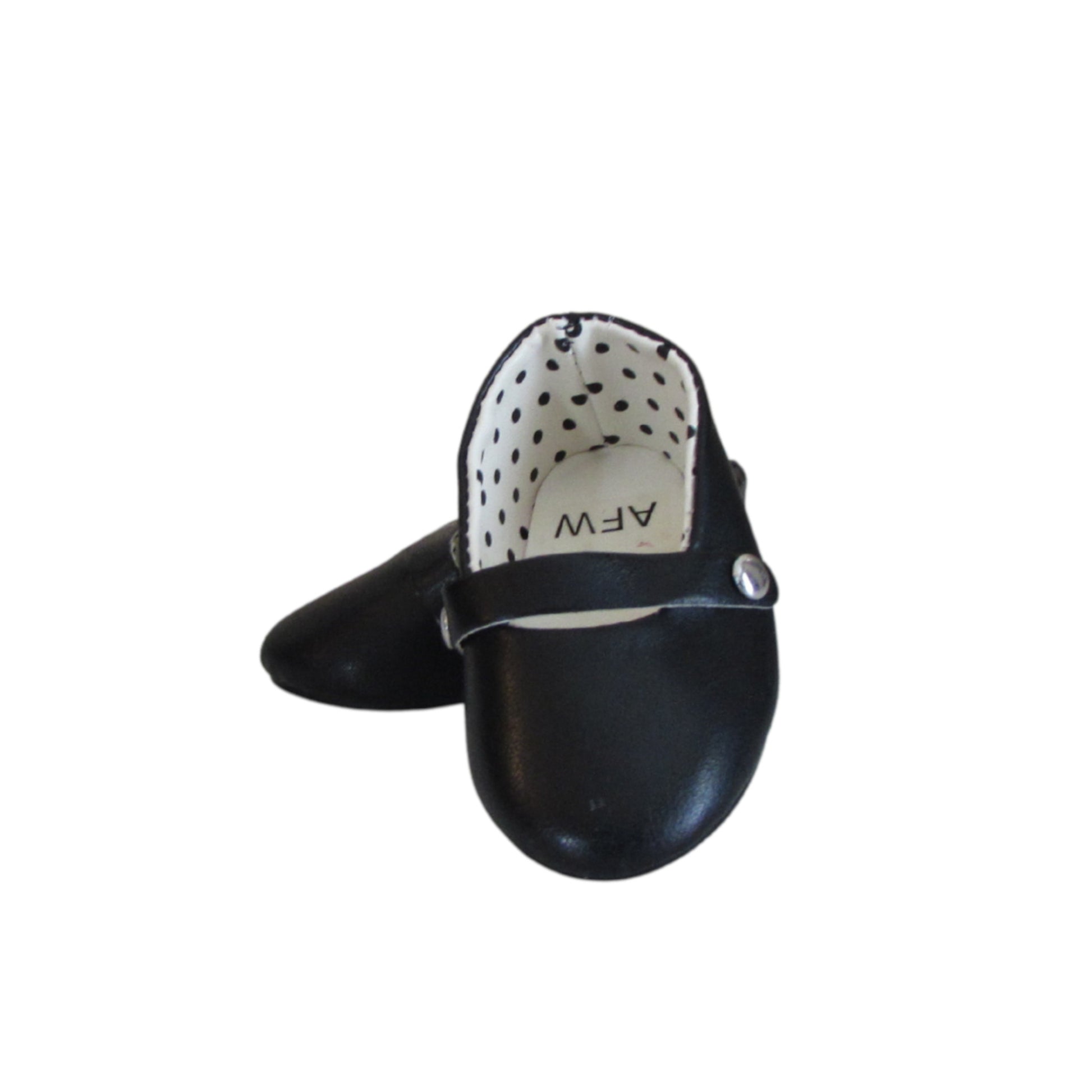 Black Flats with Buckle for 18-inch dolls side and front view