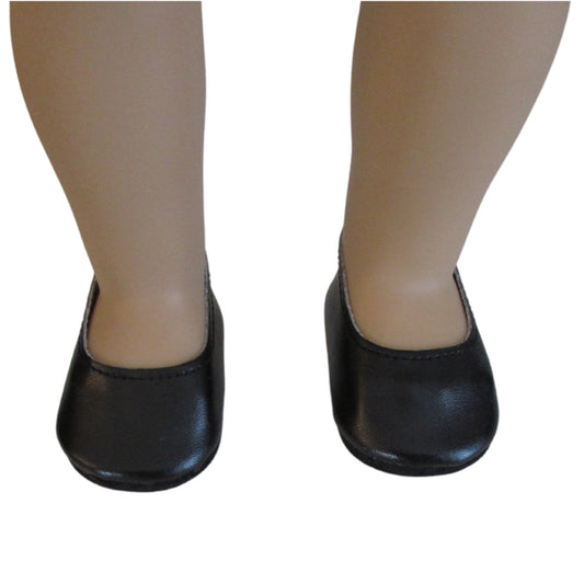 Black Slip-on Dress Shoes for 18-inch dolls Front view on doll