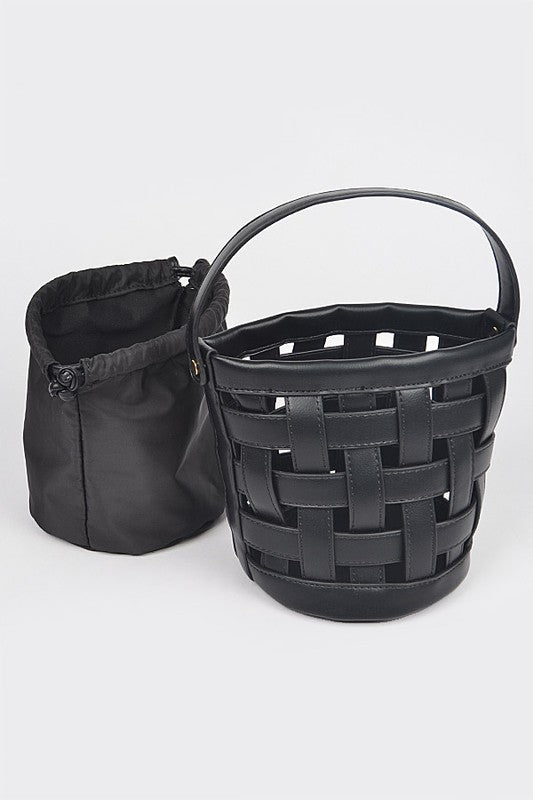 Black 2 in 1 Open Weaved Bucket Swing Bag - Inside bag and Outside bag Front views