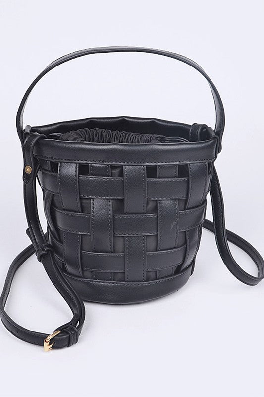 Black 2 in 1 Open Weaved Bucket Swing Bag Front view