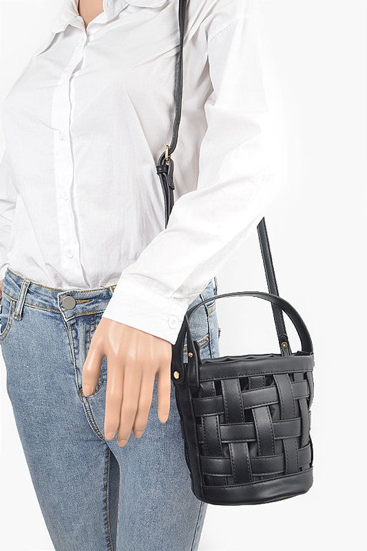 Black 2 in 1 Open Weaved Bucket Swing Bag on Mannequin