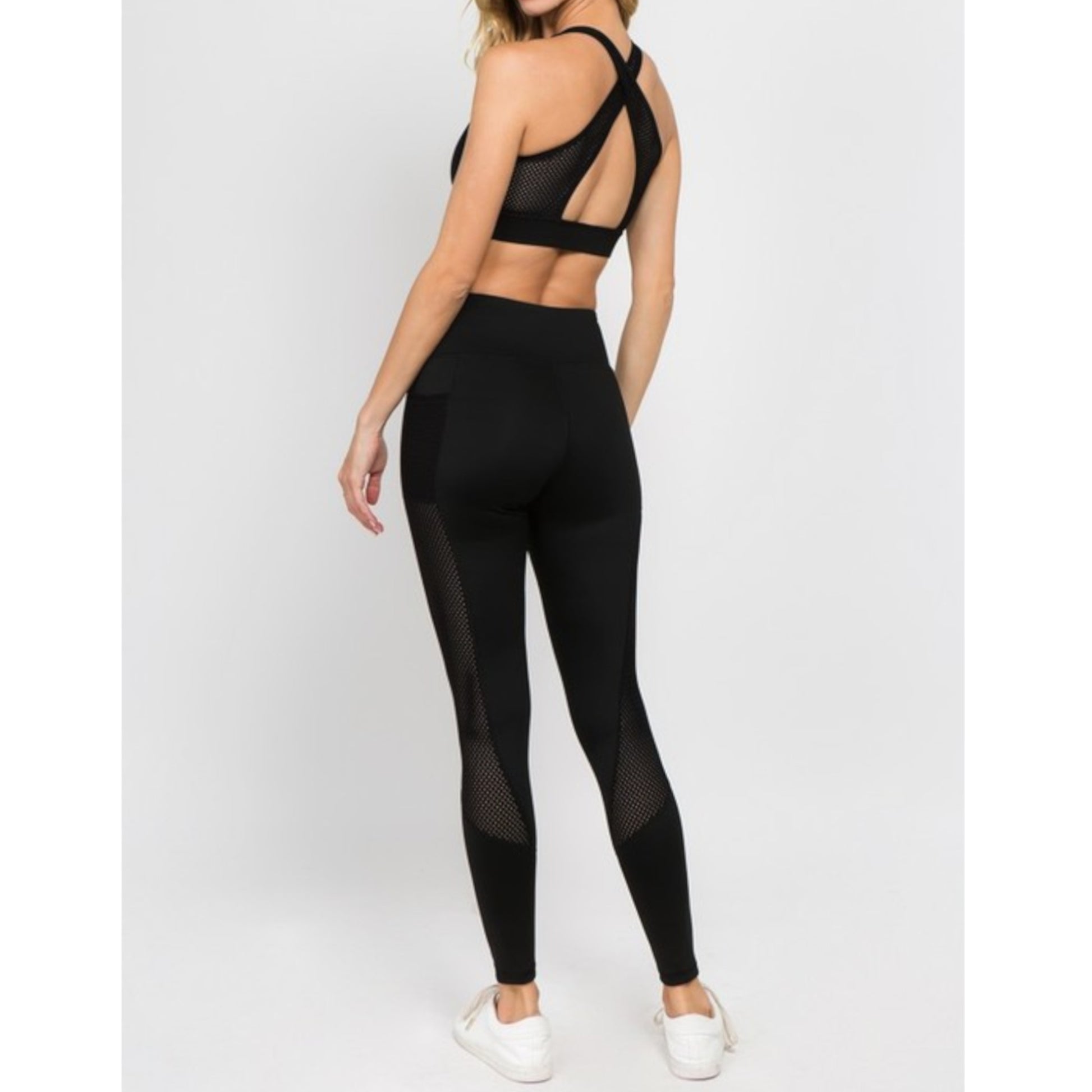 Black Active Jersey Mesh Striped 3-Pocket Leggings Back view