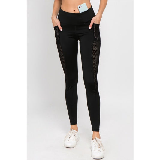 Black Active Jersey Mesh Striped 3-Pocket Leggings Front view