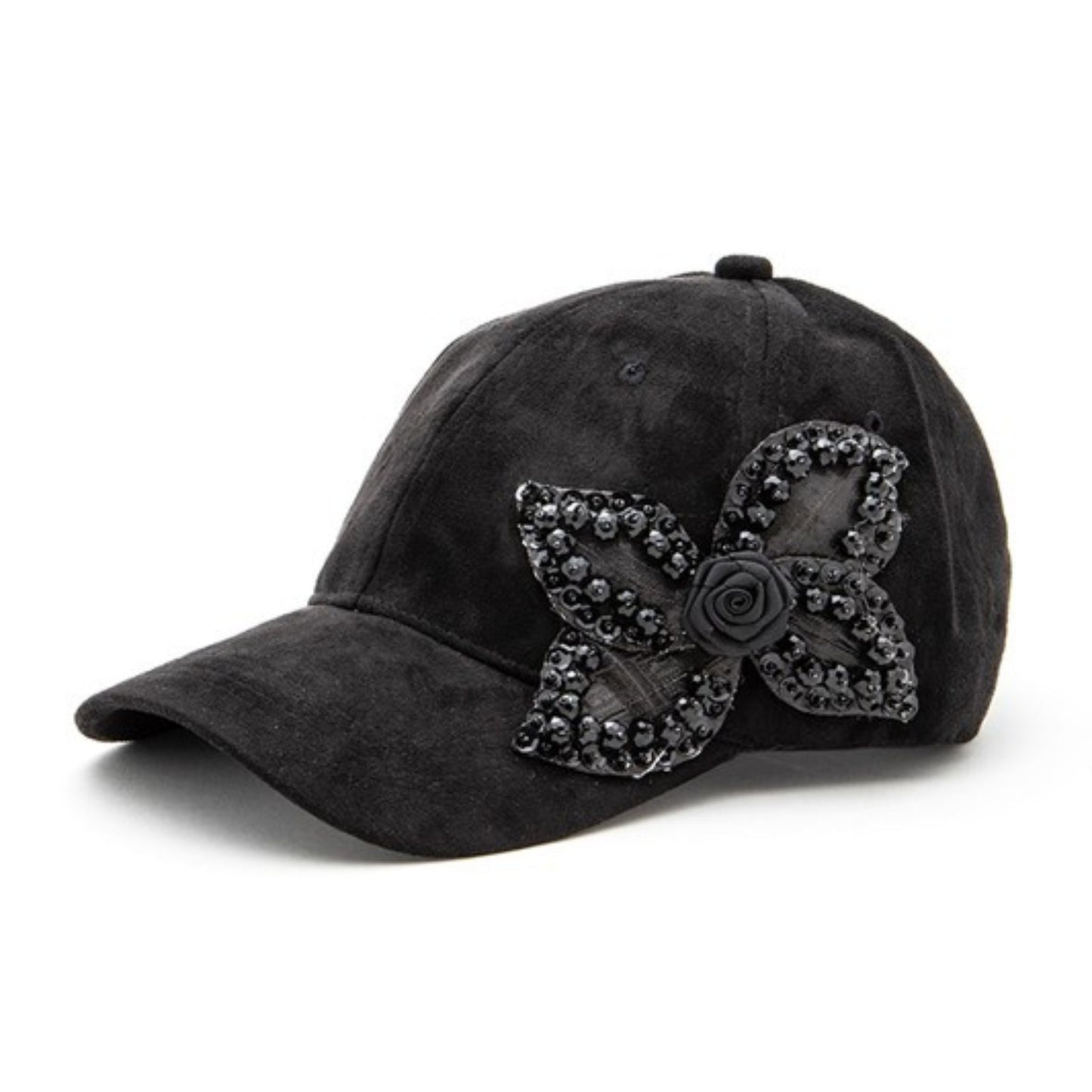 Black_Beaded_Flower_Suede_Fashion_Cap_-_Side_view