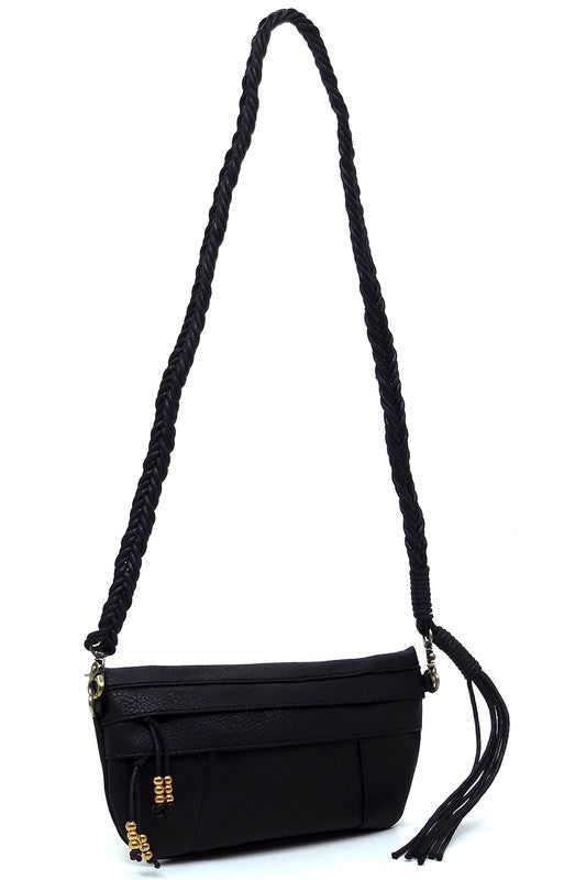 Black Braided Tassel Strap Crossbody Bag Front view Strap Up