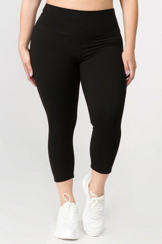 Black Buttery Soft Capri Activewear Leggings Plus Front view on Model