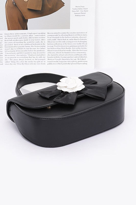 Black Camellia Flower Top Handle Swing Bag Flat
