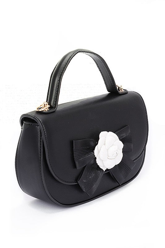 Black Camellia Flower Top Handle Swing Bag Side view