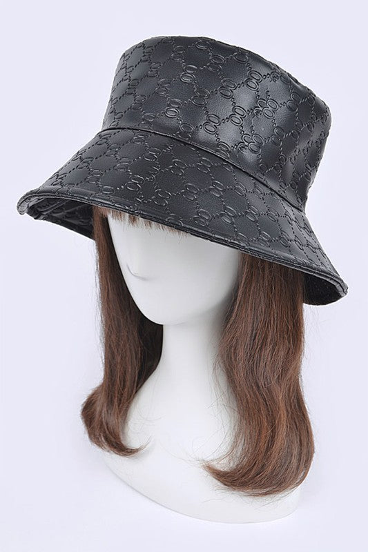 Black Embossed Pattern Faux Leather Bucket Hat on Mannequin Front view