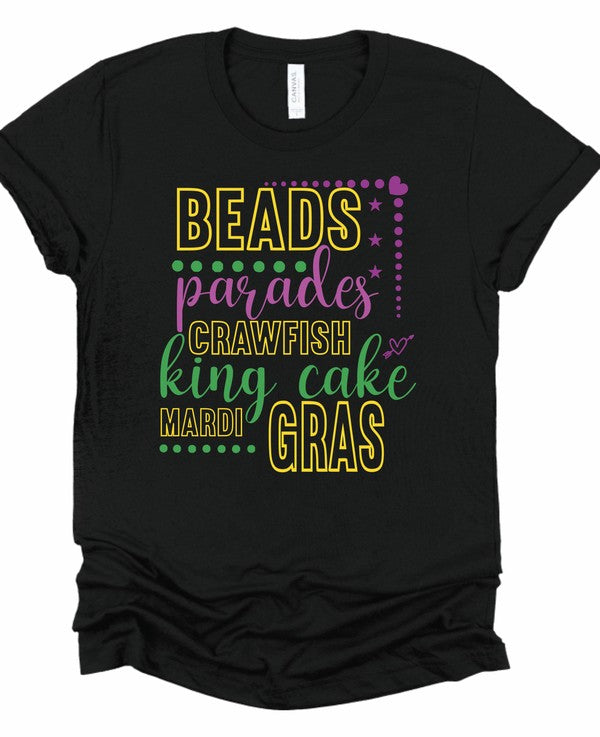 Black Heather Mardi Gras Words Graphic Short Sleeve Tee