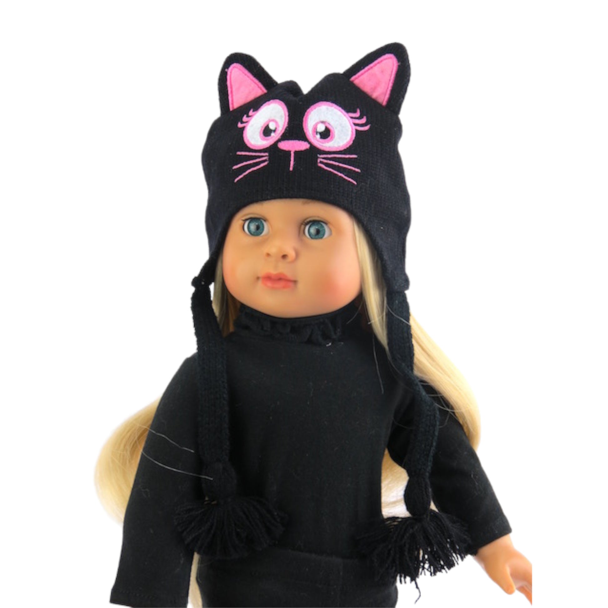Black Kitty Kat Hat for 18-inch dolls Front view
