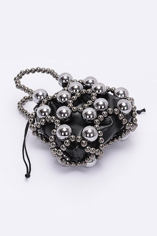 Black Metallic Beaded Petite Party Swing Bag Flat