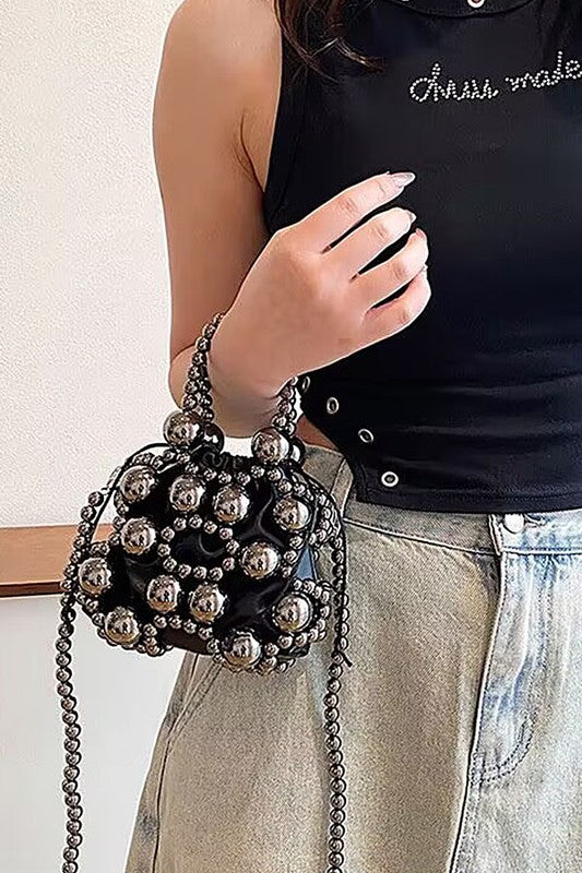 Black Metallic Beaded Petite Party Swing Bag on Model