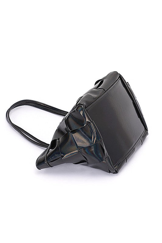 Black Metallic Faux Leather Weaved Small Tote Bag Bottom view