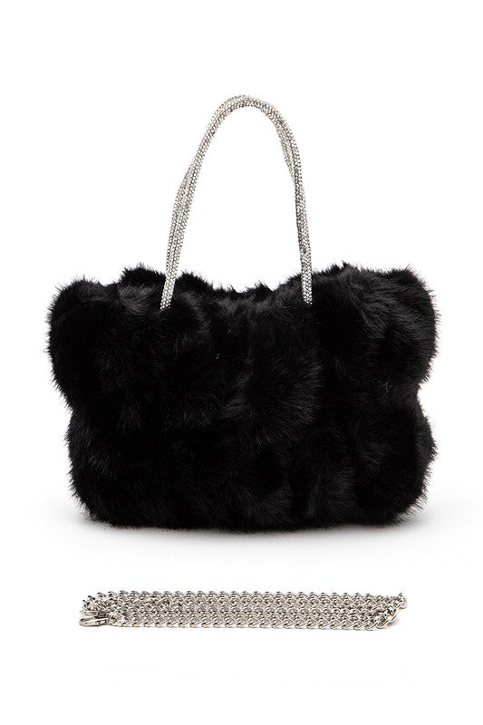 Black Rhinestone Top Handle Faux Fur Winter Tote Bag with metal strap unattached