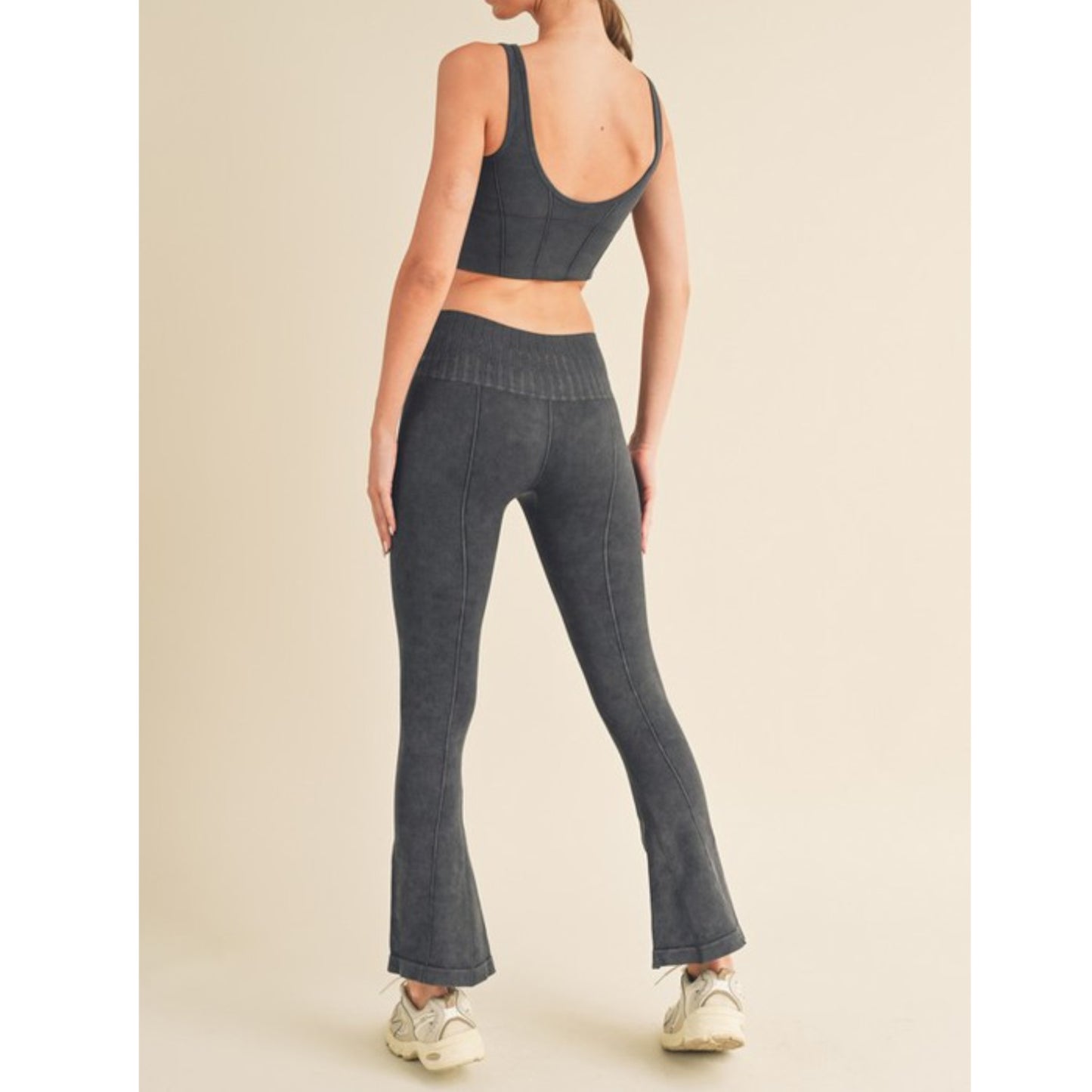 Black Women's Stone Washed Ribbed Matching Yoga Set Front view Back view