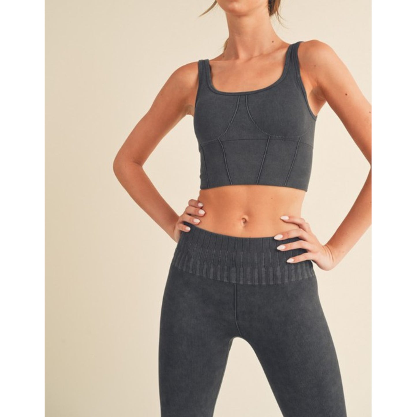 Black Women's Stone Washed Ribbed Matching Yoga Set Front view Up Close