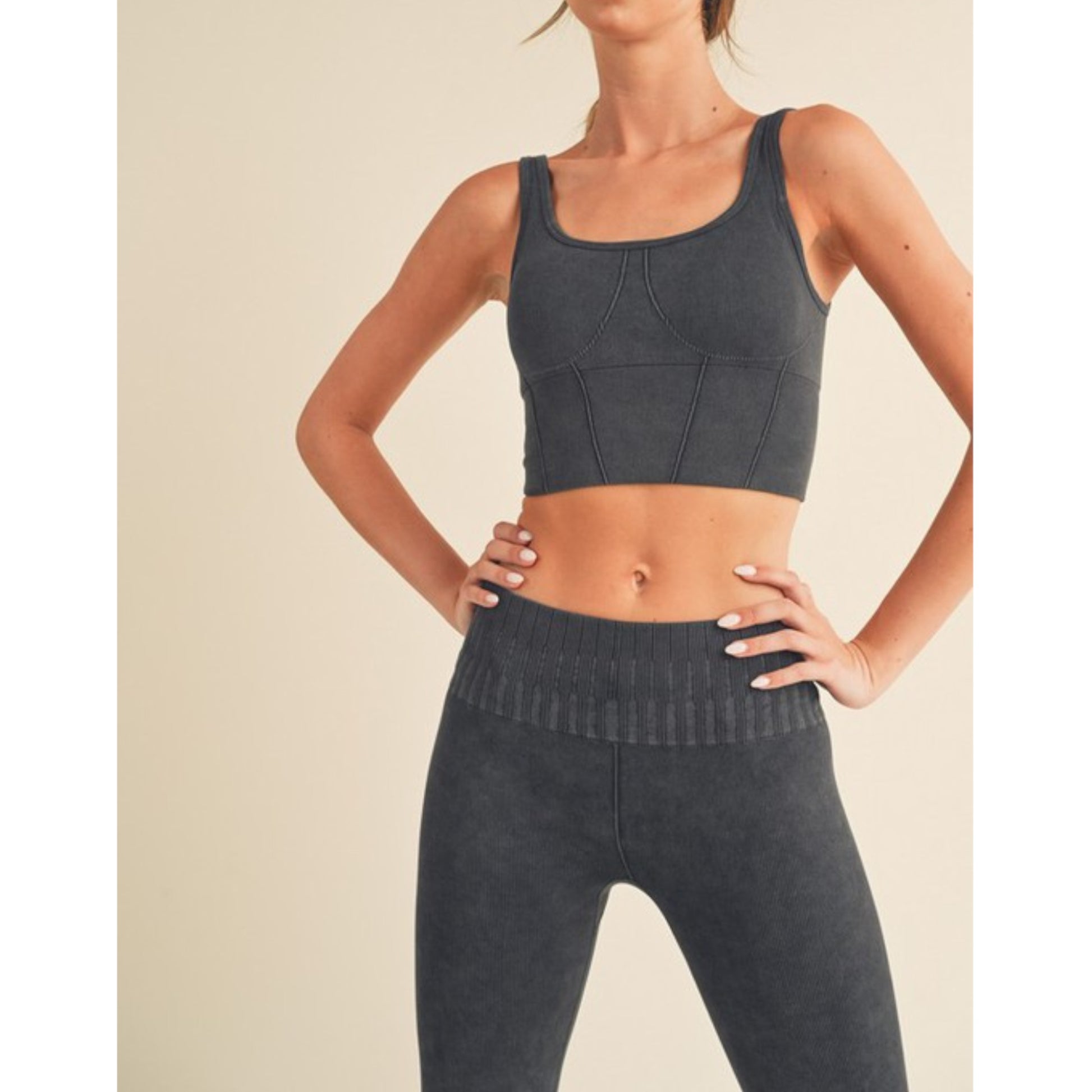 Black  Women's Stone Washed Ribbed Matching Yoga Set Front view Up Close