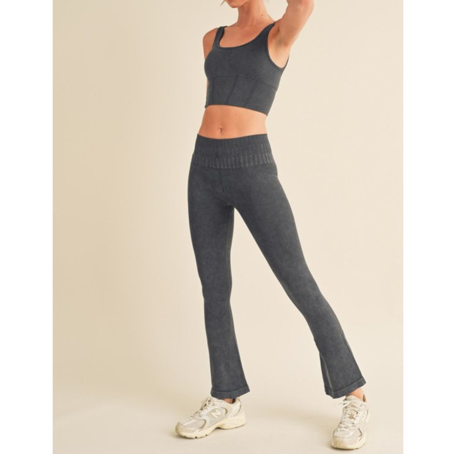 Black Women's Stone Washed Ribbed Matching Yoga Set Side view