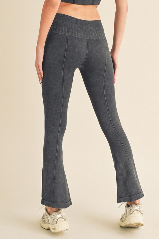 Black Women's Stone Washed Ribbed Yoga Pants Back view