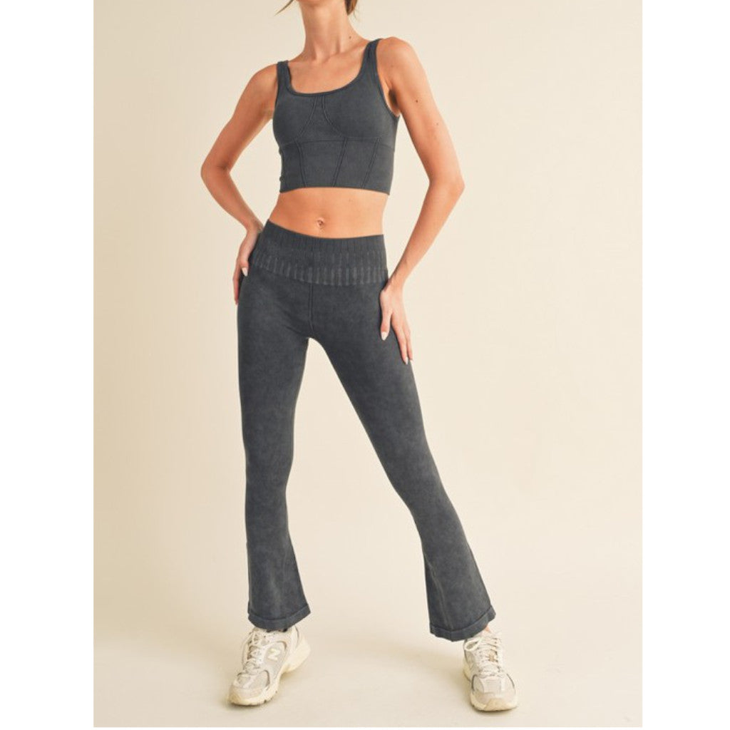 Black Women's Stone Washed Ribbed Yoga Pants Front view