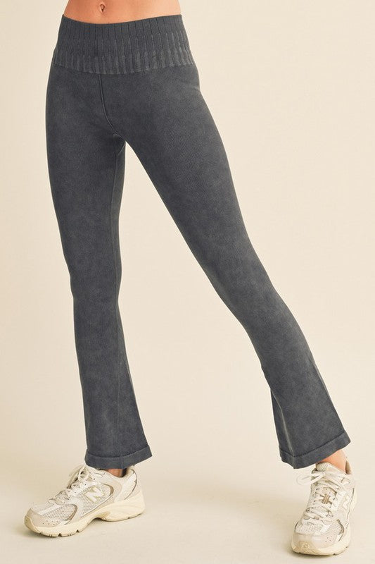 Black Women's Stone Washed Ribbed Yoga Pants Front view Up Close