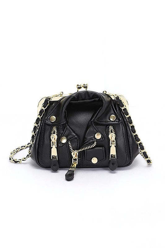 Black and Gold Iconic Leather Jacket Swing Bag Front view