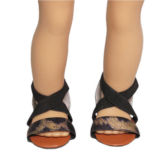 Black and Gold Sandals for 18-inch dolls with doll Front view