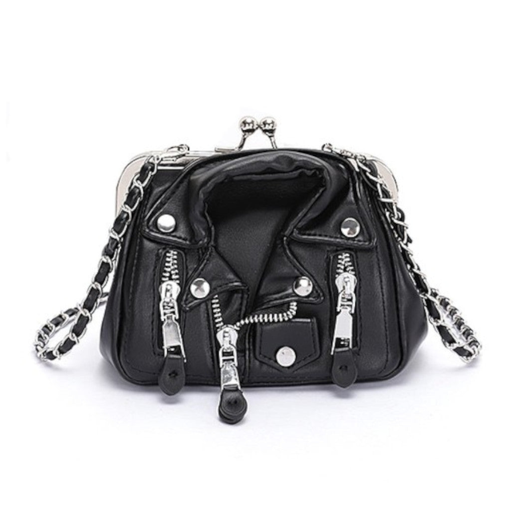Black and Silver Iconic Leather Jacket Swing Bag Front view