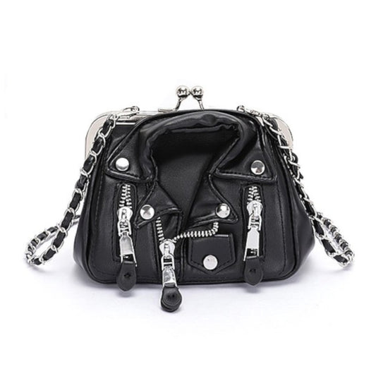 Black and Silver Iconic Leather Jacket Swing Bag Front view