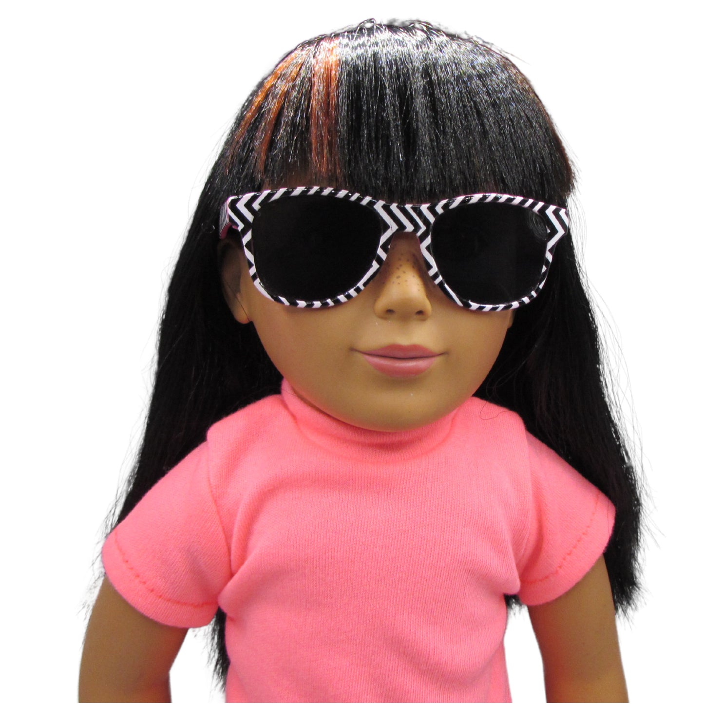 Black and White Chevron Sunglasses with Hot Pink for 18-inch dolls on doll