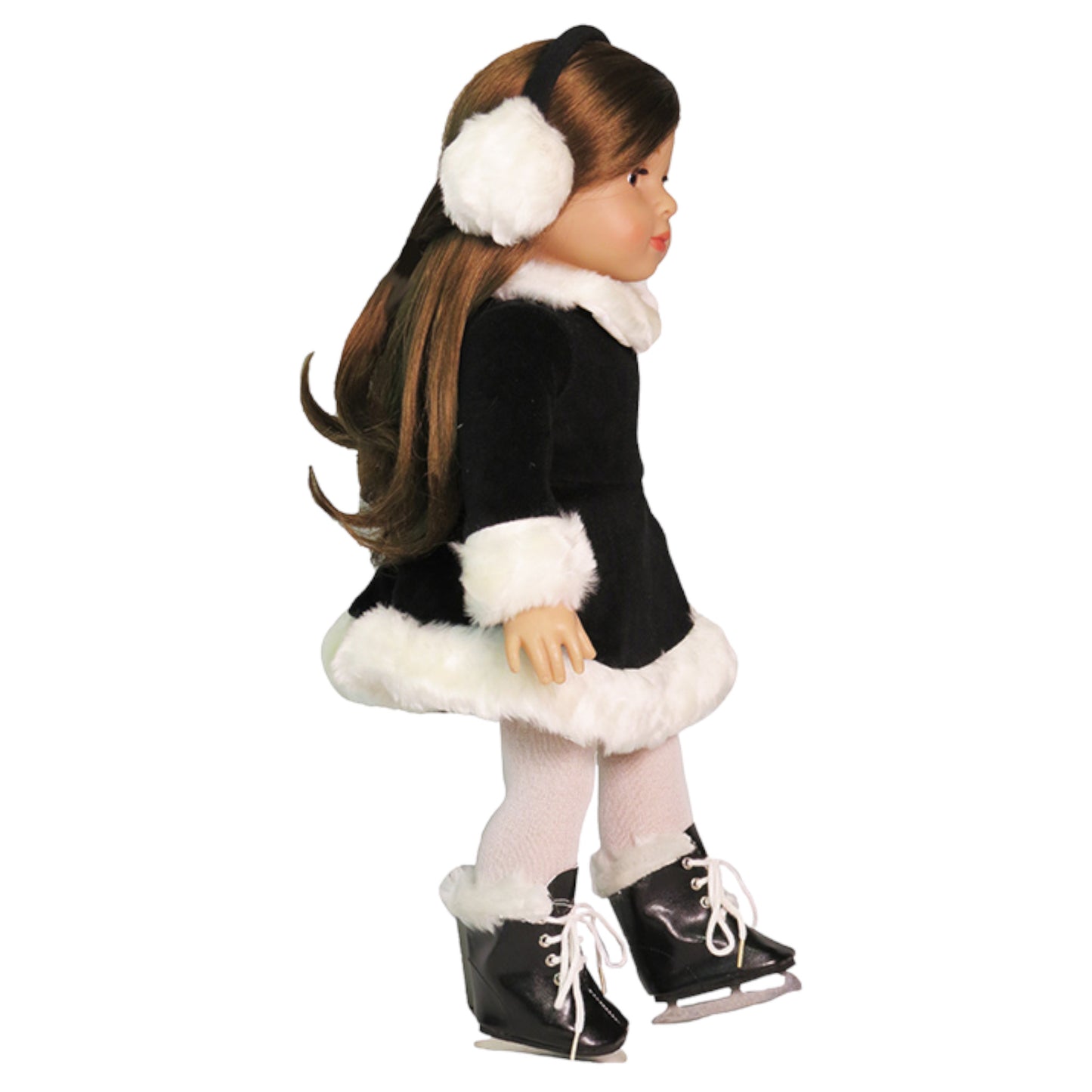 Black and White Figure Skater Outfit for 18 inch dolls Side view with doll