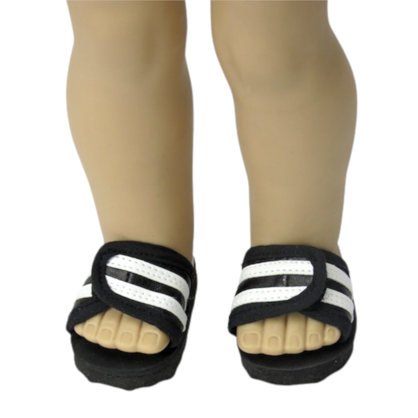 Black and White Stripe Slide Sandals for 18-inch dolls with doll