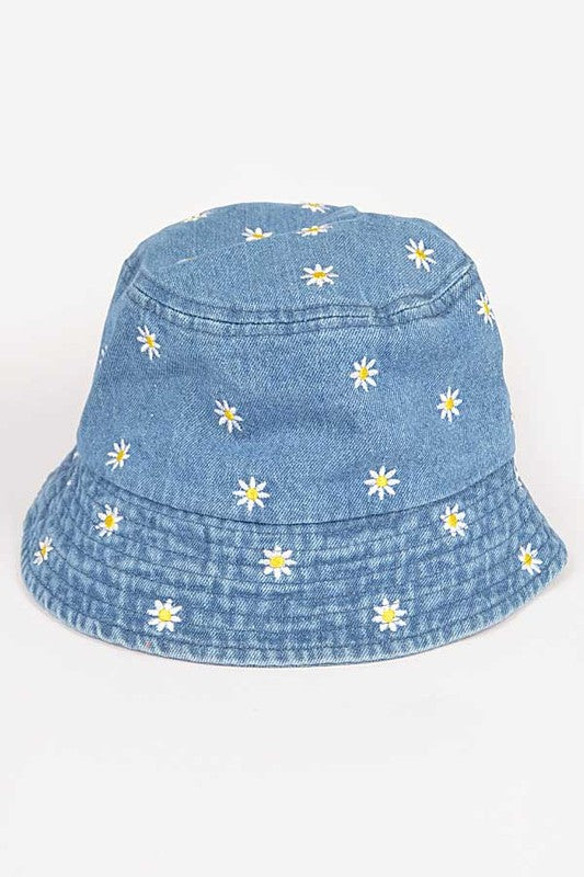 Blue Flower Embroidered Denim Bucket Hat