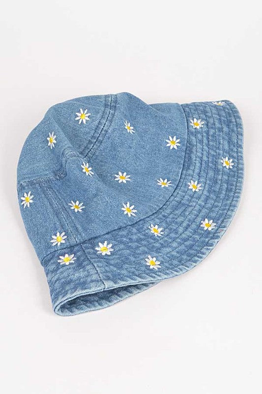 Blue Flower Embroidered Denim Bucket Hat Flat