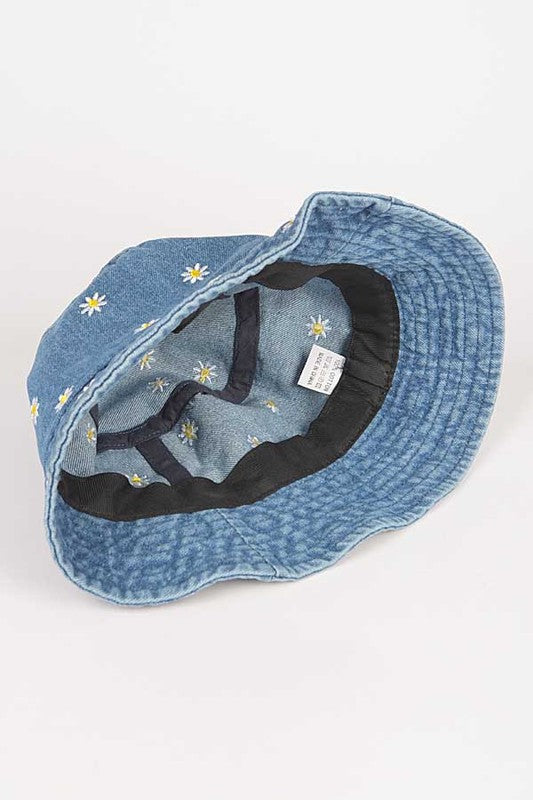 Blue Flower Embroidered Denim Bucket Hat Interior view