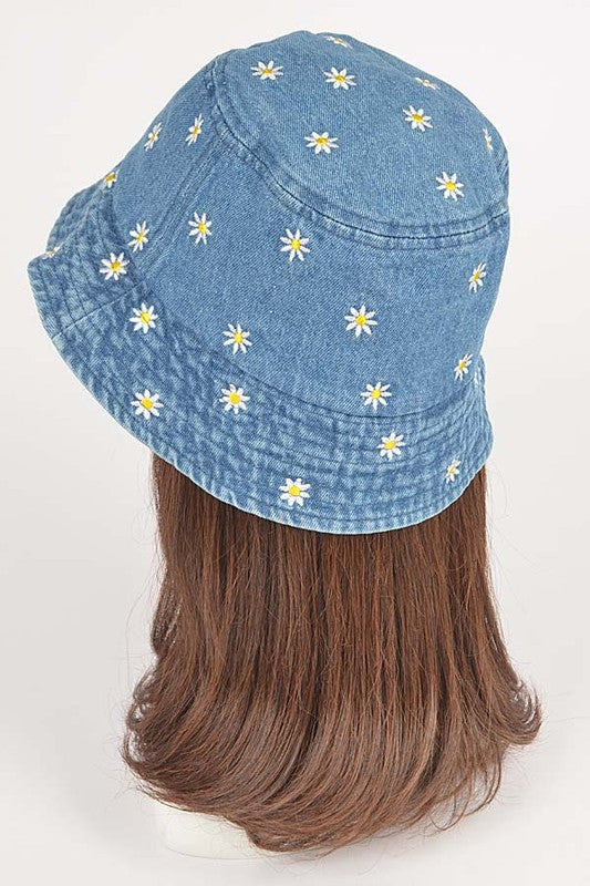 Blue Flower Embroidered Denim Bucket Hat on Mannequin Back view