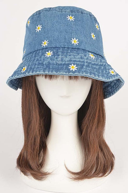 Blue Flower Embroidered Denim Bucket Hat on Mannequin Front view