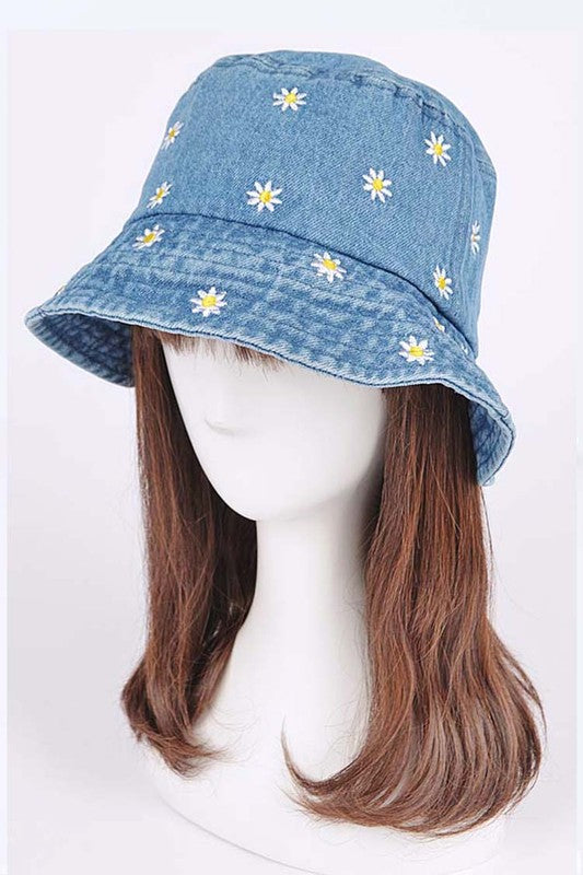 Blue Flower Embroidered Denim Bucket Hat on a Mannequin Side view