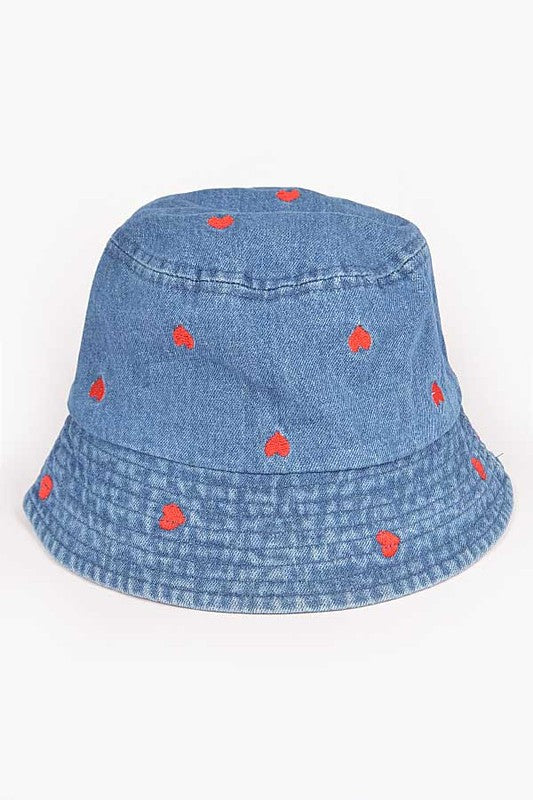 Blue Heart Embroidered Denim Bucket Hat