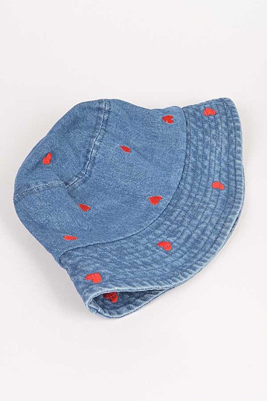 Blue Heart Embroidered Denim Bucket Hat  Flat