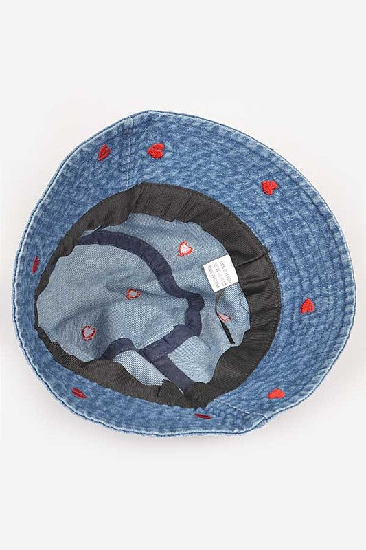 Blue Heart Embroidered Denim Bucket Hat Inside view