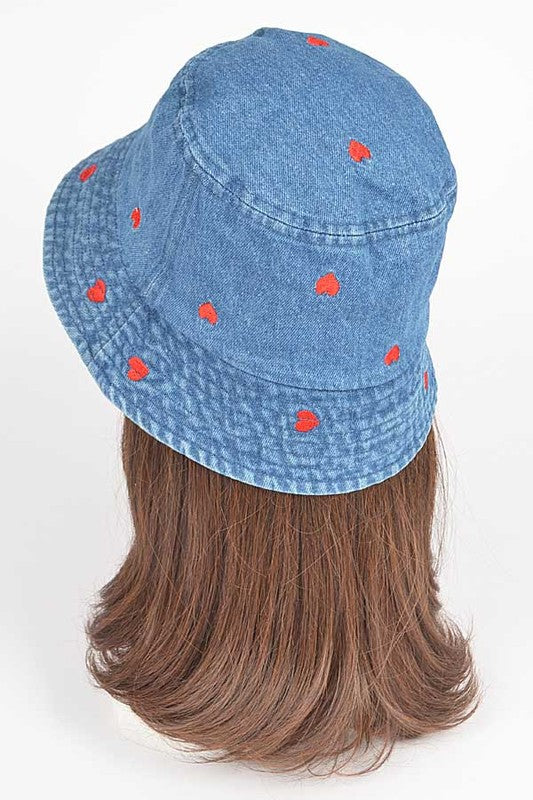 Blue Heart Embroidered Denim Bucket Hat on Mannequin Back view